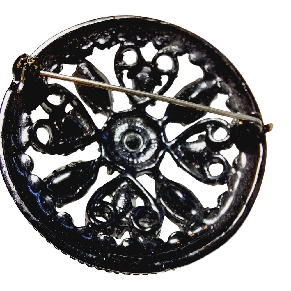 Vintage Domed Black Rhinestone Round Brooch Filigree Design Mourning Pin - Picture 5 of 7